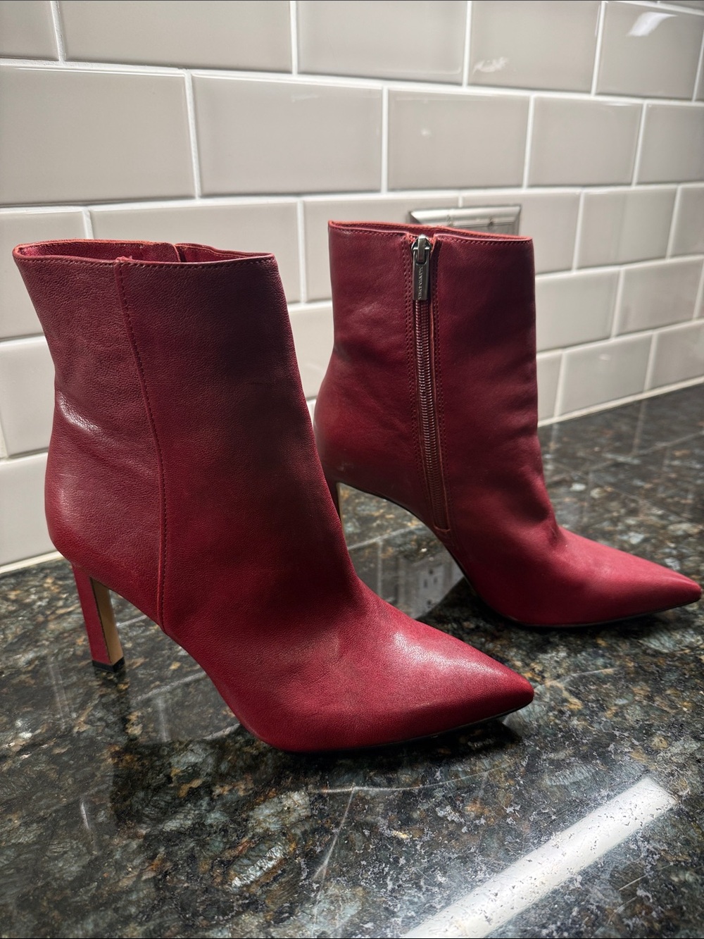 Vince Camuto Red Pointed-Toe Leather Ankle Booties